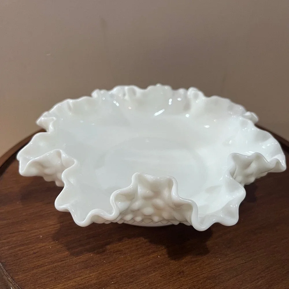 Vtg Fenton Hobnail Milk Glass Ruffled Edge Bowl White 8 Inch Candy Dish